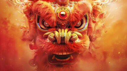 the essence of China's culture and traditions by skillfully manipulating the elements of a lion face during a vibrant red and yellow colour, all illuminated by the soft glow of natura 