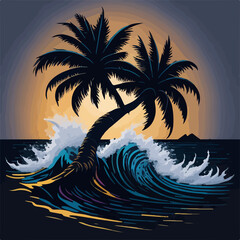 Palm trees stand sentinel around a lone island, capturing the majestic beauty of a sunset, heralding the onset of a serene dusk.