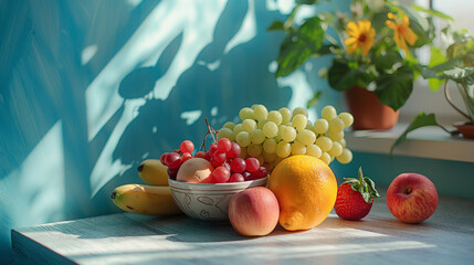 different fruits , orange , grape , banana , strawberry and apple 