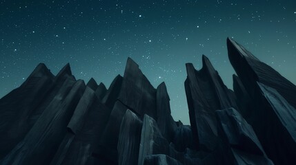 A series of dark, geometric rock formations at night under a clear sky, their sharp angles creating an abstract pattern against the starlit background. 32k, full ultra HD, high resolution