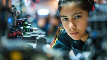 The close up picture of the hispanic girl participating in robotics or mechanic competition, robotics competition require robotics knowledge and skills, focus and concentration, adaptability . AIG43.