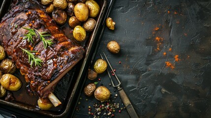 brisket on a pan with copy space. national brisket day background concept - Powered by Adobe