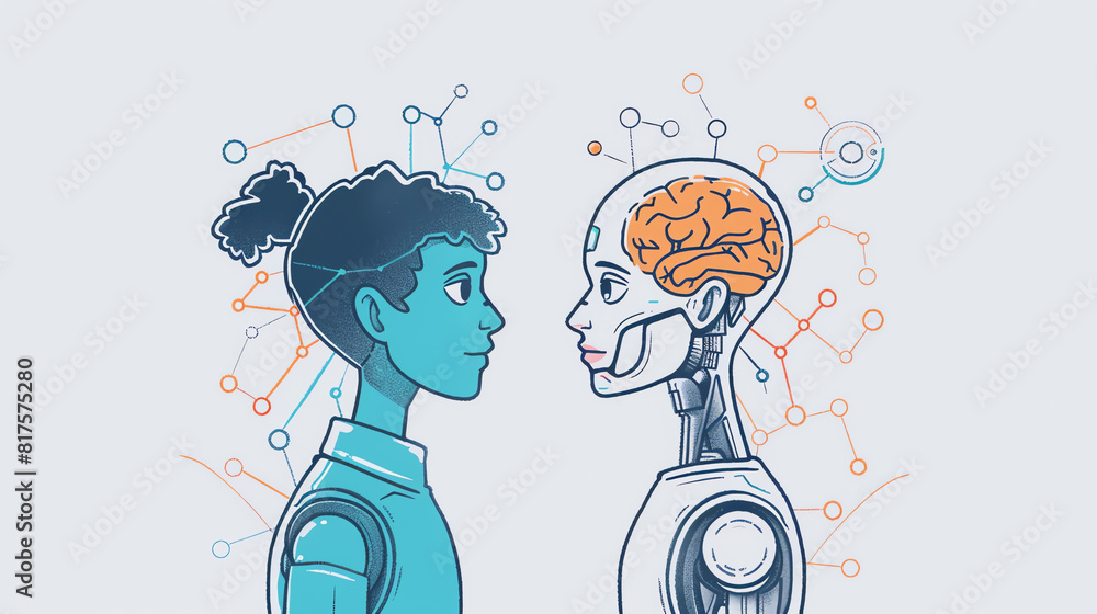 Poster a human and a robot face each other in a futuristic setting with a visible brain
