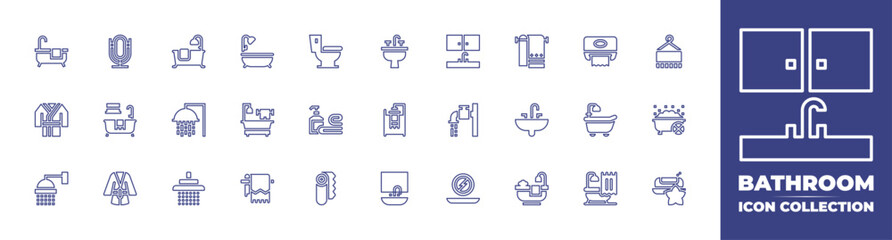 Bathroom line icon collection. Editable stroke. Vector illustration. Containing sink, shower head, washbasin, bathroom, paper, towel, shower, bathrobe, towel warmer, bath, bathtub.