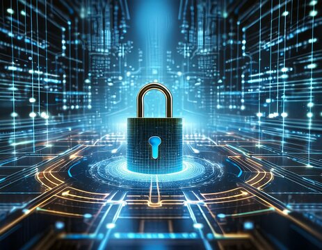 The image portrays a symbolic representation of cybersecurity, featuring a large, traditional padlock at the center surrounded by digital elements. The padlock emits blue light and is encompassed by m