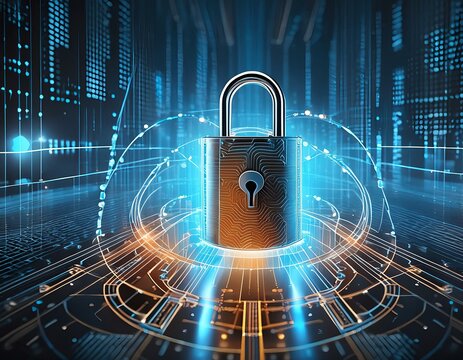 The image portrays a symbolic representation of cybersecurity, featuring a large, traditional padlock at the center surrounded by digital elements. The padlock emits blue light and is encompassed by m