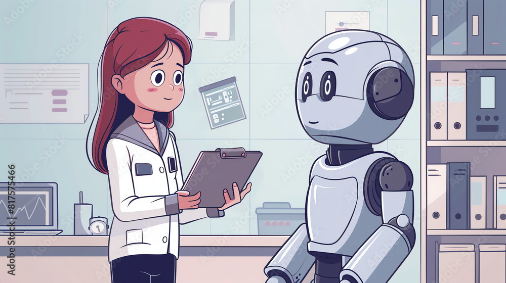 Poster a young girl interacts with a humanoid robot in a futuristic lab setting during daylight hours
