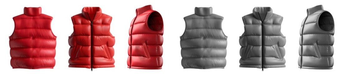 Naklejka premium 2 Set of red maroon grey gray Down puffer padded quilted warmth parka vest, front back side view on transparent cutout PNG file. Mockup template for artwork design
