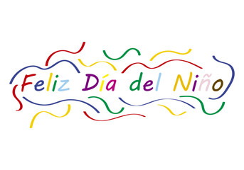 Ilustración de feliz día del niño multicolor con cintas de varios colores alegres.