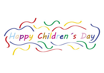 Ilustración de feliz día del niño multicolor con cintas de varios colores alegres.