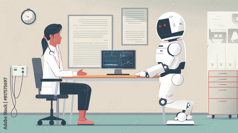 Poster a robot assistant interacts with a doctor in a modern clinic setting during the day