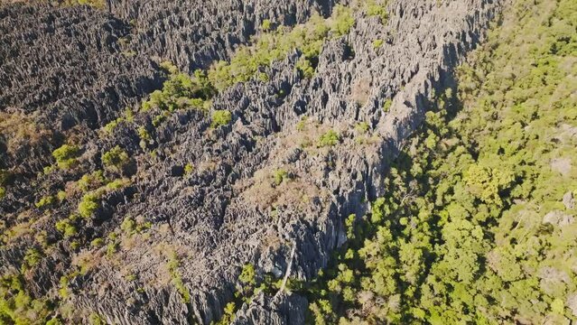 Wide aerial clip view of big Tsingy de Bemaraha - stone formation and national park in Madagascar. (4K)