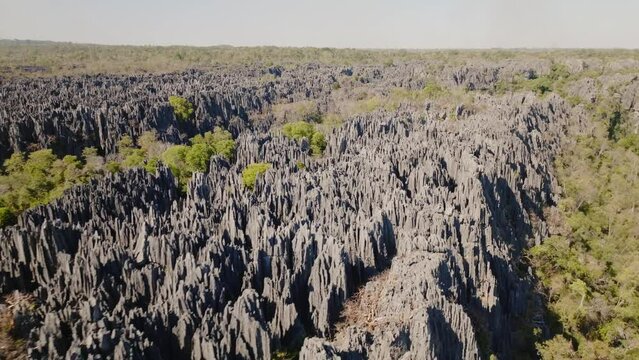 Aerial drone view of big Tsingy de Bemaraha - beautiful rock formation in national park in Madagascar. (4K)