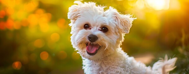 A white dog with its tongue out in the sun.