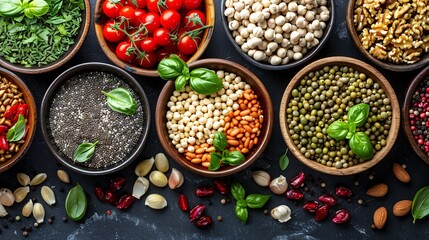 Different varieties of legumes are displayed in bowls on a dark surface, showcasing their shapes, sizes, and colors