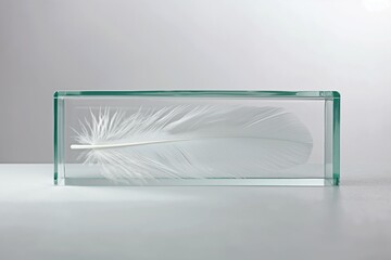 A simple, clear glass box containing a single white feather, the simplicity of the contents contrasted with the pure transparency of the box. 32k, full ultra HD, high resolution