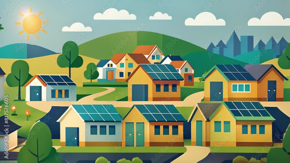 Poster a suburban community where each home has its own solar panel array working together to reduce carbon