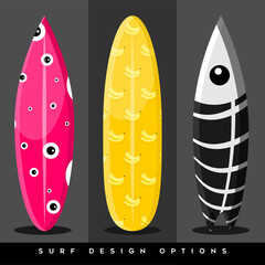
Surf design options. Vector graphics. Surfing. Marine sports.