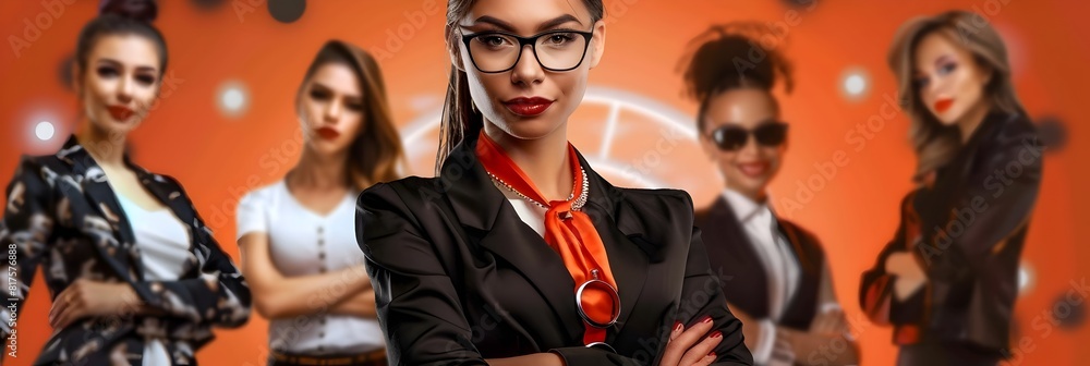 Poster confident business team collaborating in dynamic office setting