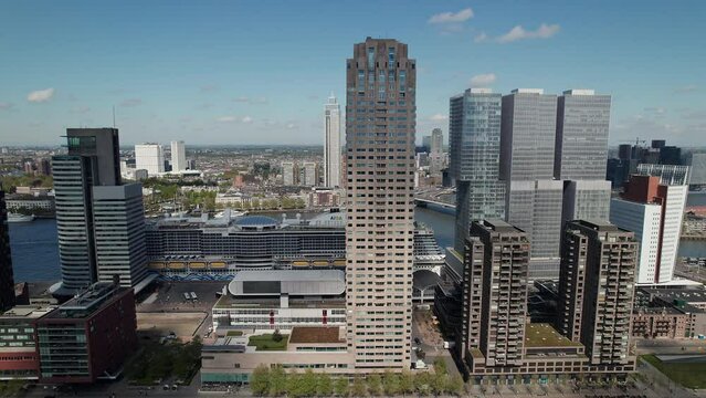 Aerial View Over Cityscape In Rotterdam, The Netherlands - Drone Shot