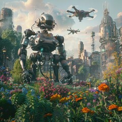 Fototapeta premium A large robot standing in a vibrant flower garden with futuristic buildings and flying drones in the background. 