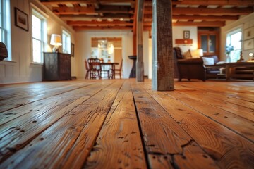 Detailed view of a wooden floor in a living room beside a couch