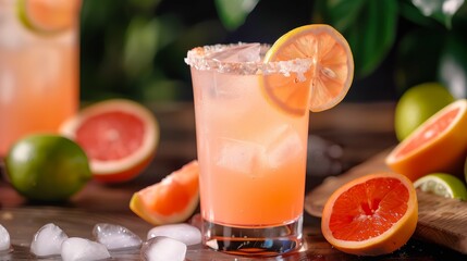 A refreshing grapefruit cocktail with a salt rim, garnished with a slice of grapefruit, served on a wooden table.
