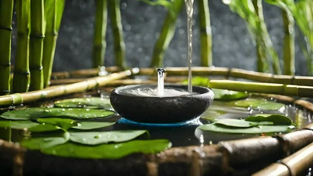 waterfall and spa stones balance on calm water, claming spa videos, calming ambient videos, relaxing videos, seamless looping 4k videos, youtube, stock videos, asmr videos, calming nature videos, ai	