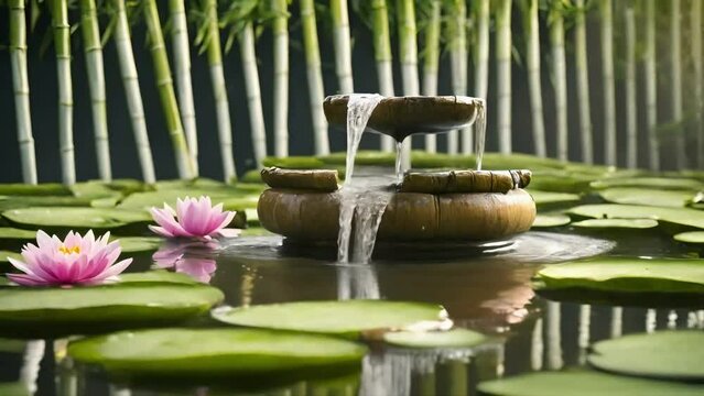 waterfall and spa stones balance on calm water, claming spa videos, calming ambient videos, relaxing videos, seamless looping 4k videos, youtube, stock videos, asmr videos, calming nature videos, ai	