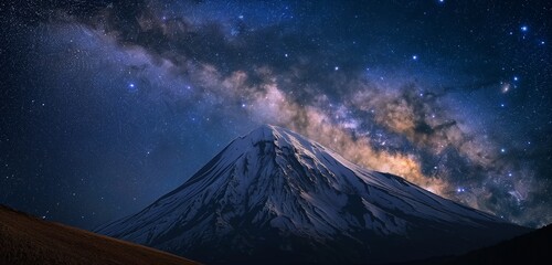 A snow-capped mountain peak under a star-filled night sky, the Milky Way clearly visible and arcing over the summit. 32k, full ultra HD, high resolution