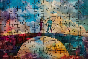 Vivid jigsaw puzzle with silhouettes of people on a bridge. Colorful, abstract art style. Suitable for brain games and creative visuals. Generative AI