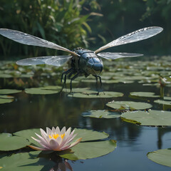 a dragonfly that is flying over a pond of water