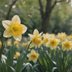 yellow flowers in a field of green leaves and trees