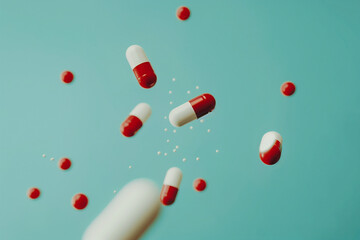Cinematic still, five white and red pills falling on light turquoise background, close up