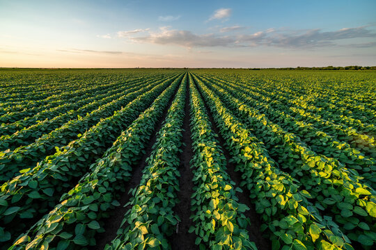 Vast agricultural field at sunset, showcasing rows of vibrant soybean green crops under a vast sky