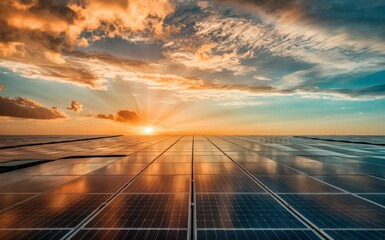Expansive Solar Panel Field at Sunset with Vibrant Sky