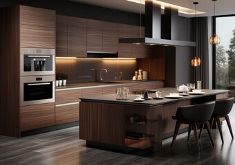 Fototapeta na wymiar Modern Wooden Kitchen with Black Countertops and Dining Area
