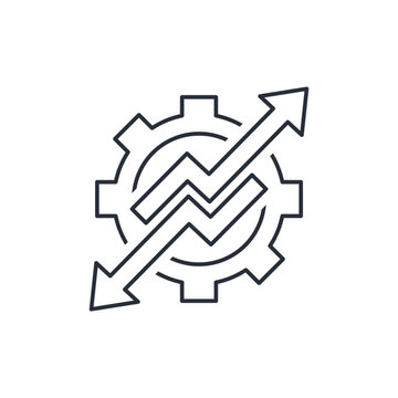 The arrows pull the mechanism in different directions. Uncoordinated actions. Imbalance. Vector linear icon isolated on white background.