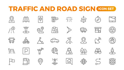 Road and traffic line icons collection. Street, transport, fuel, vehicle, location, car service icons. UI icon set. Thin outline pack. Way direction arrow sign. Roadsigns. Outline icon collection.