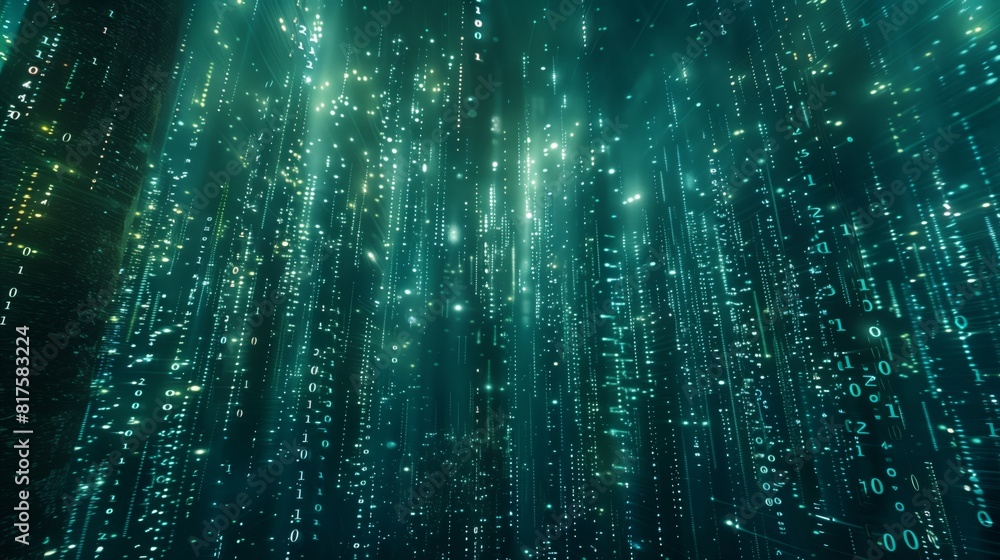 Poster a digital matrix of binary code and pixels symbolizes our tech world's interconnectedness.