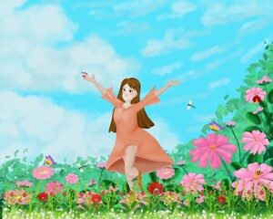Amidst breathtaking scenery, a girl joyfully sprints over a flower field.