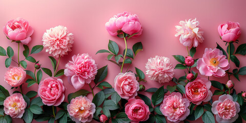 Peonies roses on pink background