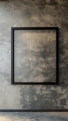 A thin, matte black frame around an empty space, mounted on a wall with a subtle metallic sheen, creating a stark minimalist aesthetic. 32k, full ultra HD, high resolution