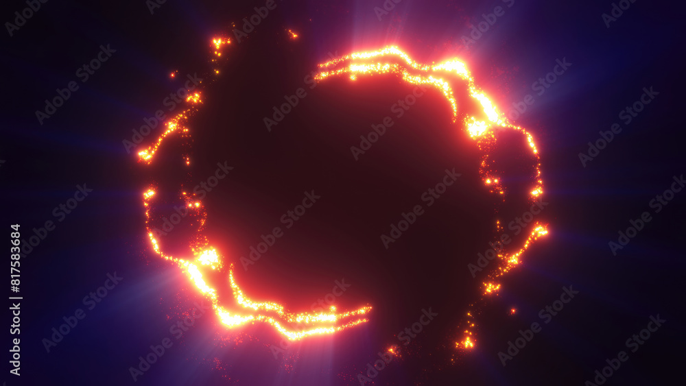 Poster Yellow swirling circle frame of multicolored lines of  energy particles. Abstract background
