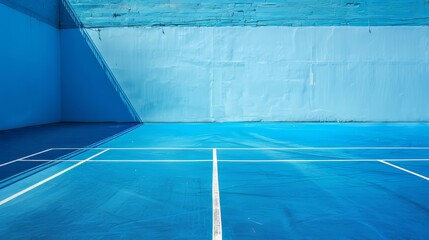 Vibrant close-up of a blue tennis court with a light blue painted wall, emphasizing the smooth paint and court lines