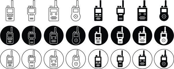 Walkie talkie icons set. Black flat elements from outdoor activity concept editable stock. logos illustration for web and mobile apps. Portable radio transmitter symbols on transparent background.