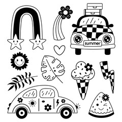 Retro summer clipart. Groovy summer vibes clipart. Black and white summer clipart. Hello summer doodle in flat style. Hand drawn vector illustration.