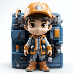 3D Render of a Cute Boy Construction Worker with Toolkit
