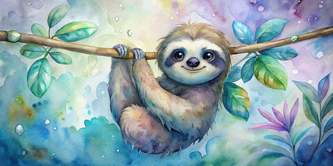Naklejka premium A happy sloth hanging from a branch, captured in whimsical watercolor art.