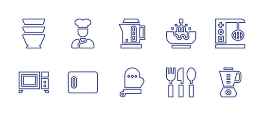 Kitchen line icon set. Editable stroke. Vector illustration. Containing chef, mitten, bowls, cutlery, kitchen board, microwave oven, electric kettle, mixing.